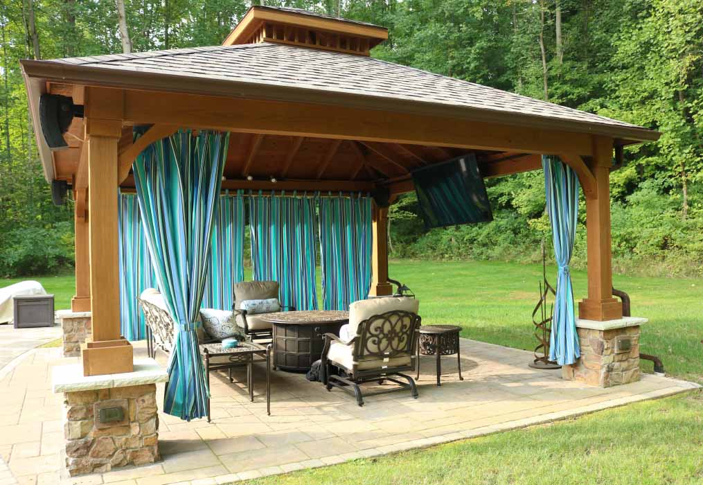 Cascade Gazebo Pavilion Classic Roof with Cedartone Stain & Curtains