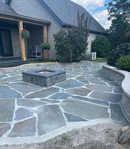 Blue flagstone pavers and fire pit