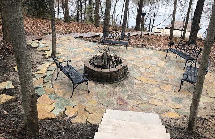 Natural stone patio and fire pit area